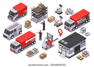 Logística 3d isométrica mega set. Colección de Elementos de isometría plana y personas de camiones de entrega, estantes de almacén, transporte de paquetes, cajas de carga y descarga, envío. Ilustración vectorial.