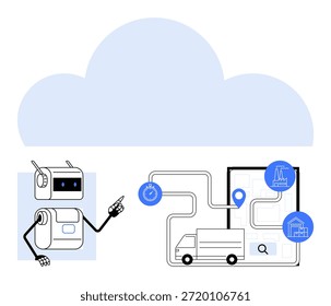 Logistik, KI-Automatisierung, Lieferverfolgung, Lieferkette, Cloud-Technologie, Innovation. Ein Roboter, der unter einem Wolkensymbol auf eine Zustellroute zeigt. Logistik- und AI-Automatisierungskonzept
