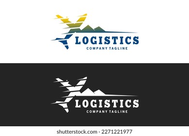 Logistics airplane logo design, fast airplane icon with mountain nature combination
