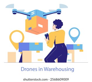 Logistics automation concept. A drone carries a package while a person controls it with a smartphone, optimizing warehouse operations. Vector illustration.