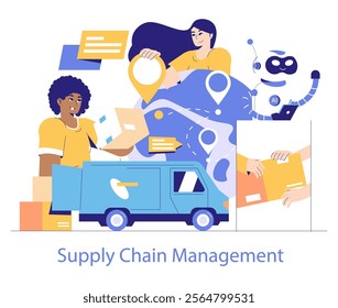 Logistics Automation concept. Efficient supply chain management with AI assistance and digital tracking. Coordination of delivery, inventory, and workforce. Vector illustration.