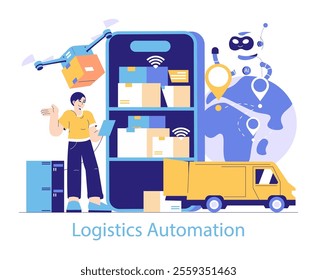 Logistics Automation concept. An illustration showcasing the integration of technology with delivery systems, featuring drones, AI and smart tracking. Vector illustration.