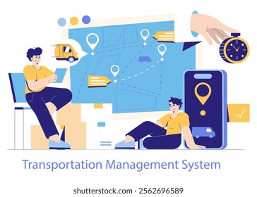 Logistics Automation concept. Professionals manage efficient delivery using a digital platform. Streamlined tracking, timely distribution, advanced technology. Vector illustration.