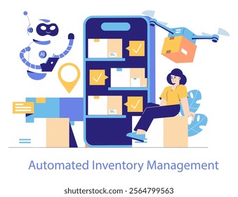 Logistics Automation concept. Streamlined inventory management using AI, drones, and automation. Future of efficient warehousing and delivery. Vector illustration.