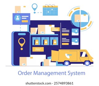 Logistics Automation concept. Streamlined order management system for enhanced delivery efficiency. Digital tracking, inventory control, and seamless payment integration. Vector illustration.