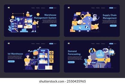 Logistics Automation set. Advanced digital solutions for warehouse and supply chain management, IoT and demand forecasting. Vector illustration.