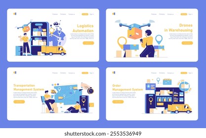 Logistics Automation set. Streamlined supply chain and warehouse operations. Efficient delivery, smart transportation, and advanced tracking. Vector illustration.