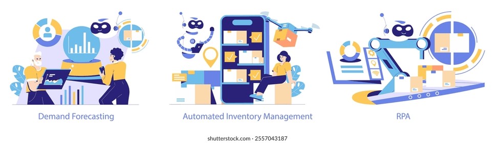 Logistics Automation set. Streamlining supply chain with AI, predictive analytics, and robots. Efficient inventory management and robotic process automation. Vector illustration.