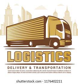 Logistics background. Vector stylized illustration of truck and different symbols of transportation company. Truck delivery transportation, transport company logistic