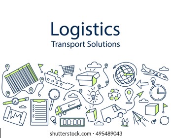 Logistics banner vector illustration. Icons line art set