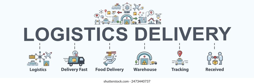 Logistics banner web icon for business. Delivery fast, food delivery, warehouse, tracking, receive and distribution. Flat vector illustration infographic.