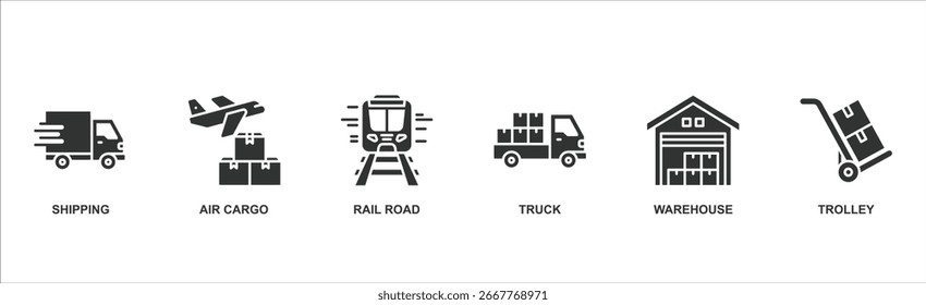 Logística Anuncio Icono de Web Conjunto � envío, carga aérea, ferrocarril, camión, almacén e iconos vectoriales de la carretilla