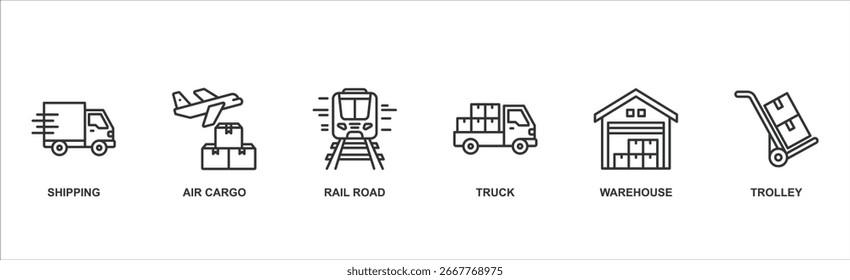 Logistics Banner Web Icon Set � Shipping, Air Cargo, Rail Road, Truck, Warehouse, and Trolley Vector Icons