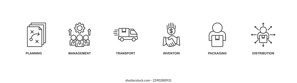 Logistics banner web icon sheet vector illustration concept with icon of planning, management, transport, inventori, packaging, distribution