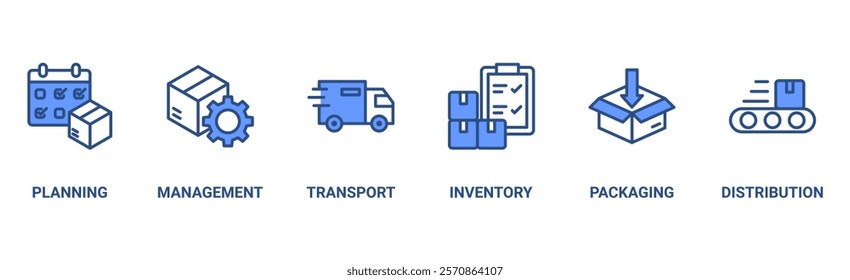 Logistics banner web icon vector illustration concept with icon of planning, management, transport, inventory, packaging, and distribution