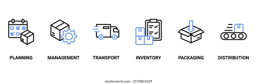 Logistics banner web icon vector illustration concept with icon of planning, management, transport, inventory, packaging, and distribution