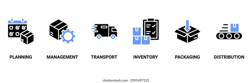 Logistics banner web icon vector illustration concept with icon of planning, management, transport, inventory, packaging, and distribution