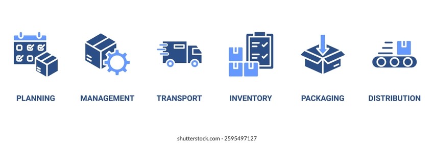 Logistics banner web icon vector illustration concept with icon of planning, management, transport, inventory, packaging, and distribution