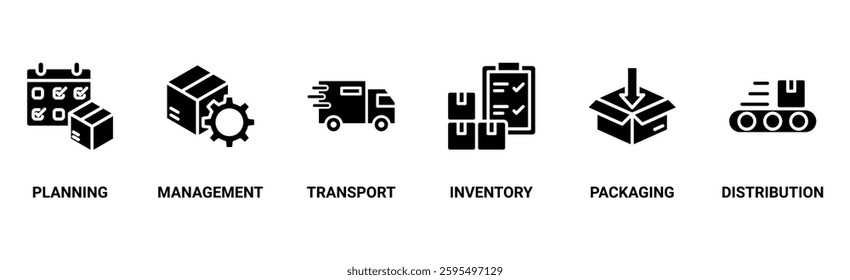 Logistics banner web icon vector illustration concept with icon of planning, management, transport, inventory, packaging, and distribution