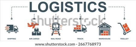 Logistics banner web icon vector illustration concept with icon of shipping, air cargo, rail road, truck, warehouse, trolley