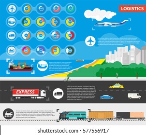 Logistics best delivery means of transportation. Rounds diagrams with pros and icons of delivery by plane in air, ship in sea, truck on highway and train on railroad, text information near signs