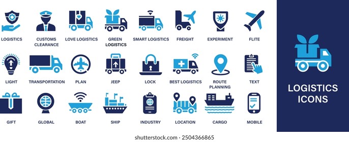 Logistics best soild icon set. Containing distribution, shipping, transportation, delivery, cargo, freight, route planning, supply chain, export, icon symbol, freight transportation, occupation.