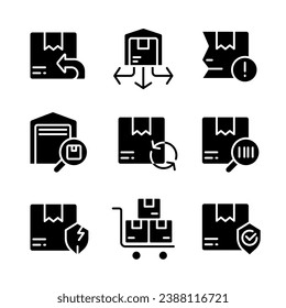 Logistics black glyph icons set on white space. Parcels management. Orders distribution. Delivery. Warehouse. Silhouette symbols. Solid pictogram pack. Vector isolated illustration