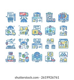 Logistics Business Collection doodle icons set vector. Ship Airplane Shipment, Eco Delivery Truck Storehouse Global Logistics Service sketch hand drawn