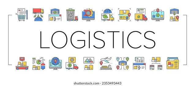 Logistics Business Collection Icons Set Vector. Ship And Airplane Shipment, Eco Delivery Truck And Storehouse Global Logistics Service Concept Linear Pictograms. Contour Color Illustrations