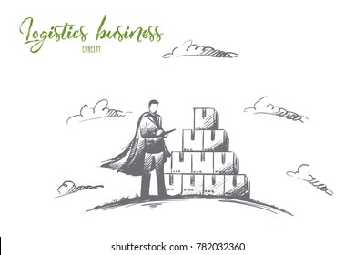 Logistics business concept. Hand drawn worker in warehouse checking boxes with logistics. Super hero manager worker isolated vector illustration.