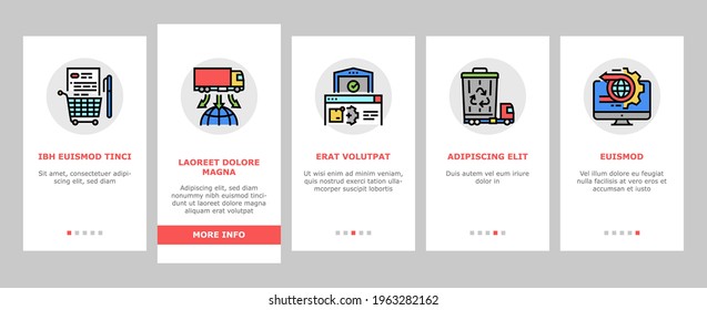 Logistics Business Onboarding Mobile App Page Screen Vector. Ship And Airplane Shipment, Eco Delivery Truck And Storehouse Global Logistics Service Illustrations