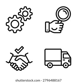 Logistics and business operations linear icon collection with magnifying handshake delivery business logistics