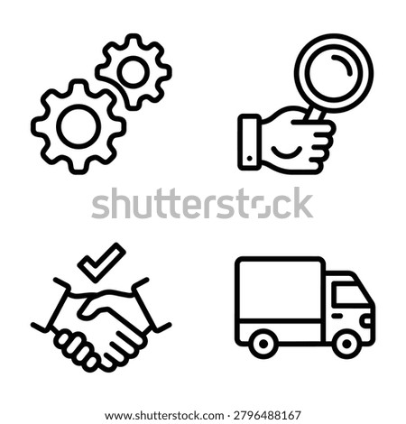 Logistics and business operations linear icon collection with magnifying handshake delivery business logistics