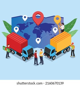 Logistics - Business Partners Characters Shaking Hands near Freight Trucks isometric 3d vector illustration concept for banner, website, illustration, landing page, flyer, etc.