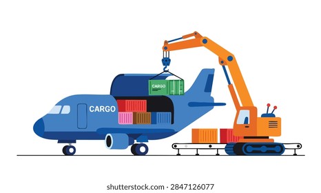 Logistics Cargo Airplane Loading Containers with Crane Vector
