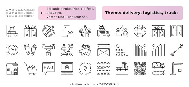 Logistik und Fracht, Lieferung und LKW. Vector schwarze Linie Symbol-Set mit gepunkteten Linien, 30 Zeichen - 48x48 px (editierbarer Strich, Pixel perfekt) und 300x300 px. Alle Ebenen haben Titel