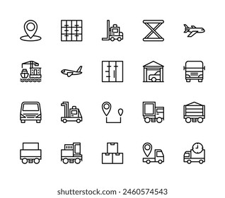 Logistics and cargo transportation vector linear icons set. Contains such icons as air transportation, Railway carriage and more. Isolated collection of truck logistics icons on white background.