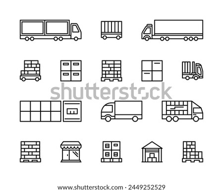 Logistics and cargo transportation vector linear icons set. Contains such icons as cargo vehicles, delivery, product and more. Isolated collection of truck logistics icons on white background.
