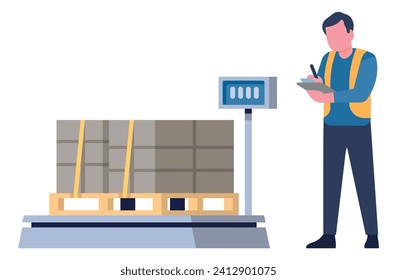 Logistics cargo. Warehouse worker weighs cardboard boxes. Shipping and delivery in storehouse. Crates on scales. Goods on pallets. Cartoon flat isolated vector delivery