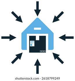 Logistics center icon vector for shipment hub, cargo depot, and supply base. Ideal for freight transfer point, stock storage, and distribution warehouse design.