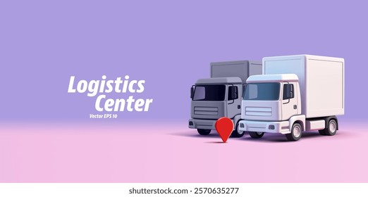 Logistics center, realistic modern trucks, and location icon. For concepts of cargo commercial transportation, logistic,s and rental. Business and industry. Vector illustration.