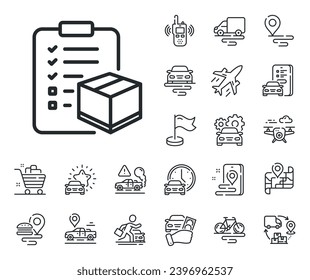Logistics check sign. Plane, supply chain and place location outline icons. Parcel checklist line icon. Package control symbol. Parcel checklist line sign. Taxi transport, rent a bike icon. Vector