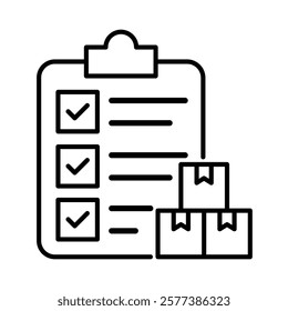 Logistics checklist icon with clipboard and packages, perfect for delivery planning, warehouse organization, shipping management, inventory tracking, and e-commerce logistics solutions.