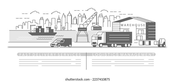 Logistics city business concept. Global service export, import, warehouse transport delivery.