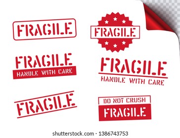 Logistics clean rubber stamp set for cargo and logistics. Fragile, this way up, handle with care retro sticker box sign. Vector illustration with arrow and glass.