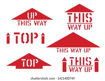 Logistics clean rubber stamp set for cargo and logistics. This way up, top, handle with care, fragile retro sticker box sign. Vector illustration with arrow.