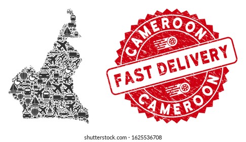Logistics collage African Cameroon map and distressed stamp seal with FAST DELIVERY badge. African Cameroon map collage formed with gray random logistics items.