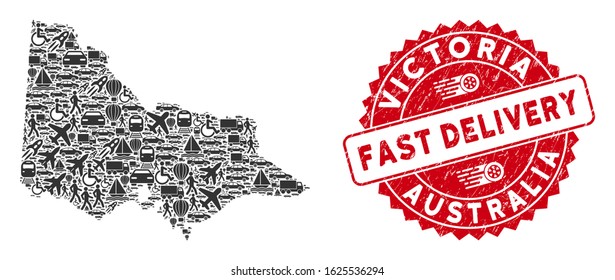 Logistics collage Australian Victoria map and corroded stamp seal with FAST DELIVERY phrase. Australian Victoria map collage designed with gray scattered shipping symbols.