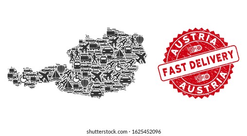 Logistics collage Austria map and corroded stamp watermark with FAST DELIVERY badge. Austria map collage formed with gray random travel symbols. Red round FAST DELIVERY stamp with distress texture.
