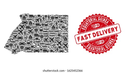Logistics collage Equatorial Guinea map and rubber stamp watermark with FAST DELIVERY caption. Equatorial Guinea map collage designed with gray random transport items.